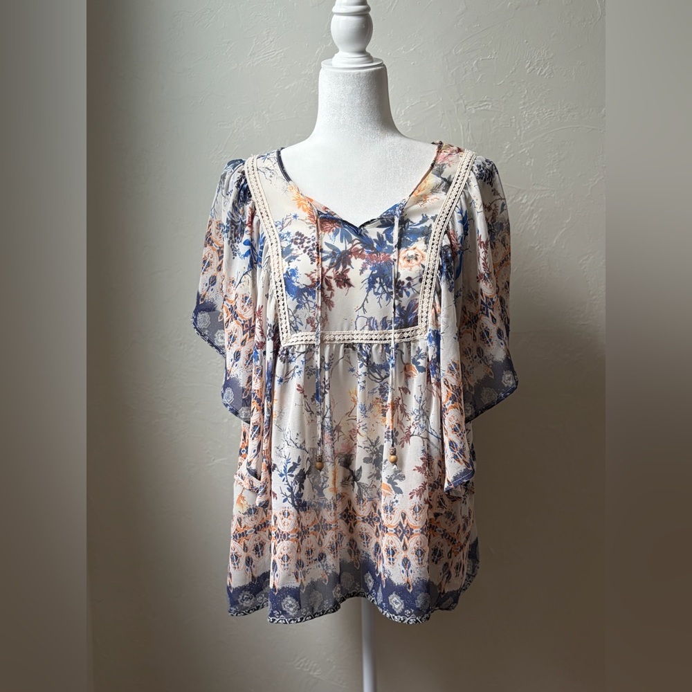 One World Boho Floral Blouse Lace Trim Flutter Sleeve Top Large